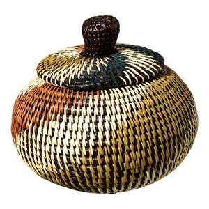 Green White And Brown Swirl Woven Basket With Top - Picture 1 of 13