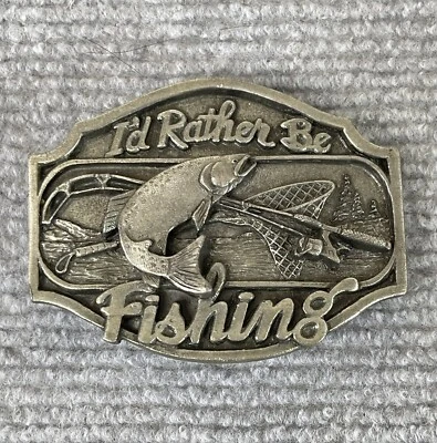 Vintage Belt Buckle I'D RATHER BE FISHING Arroyo Grande Made in USA Pewter 80s - Image 1 of 4