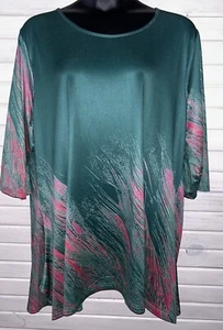 Blusa túnica elástica con estampado de plumas verde rosa talla PLUS 4X LILY By Firmiana nueva con etiquetas - Imagen 1 de 9