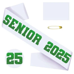 Senior Sash 2025 Graduation Sash White with Green Glitter Letter, Class of 2025 - Picture 1 of 9