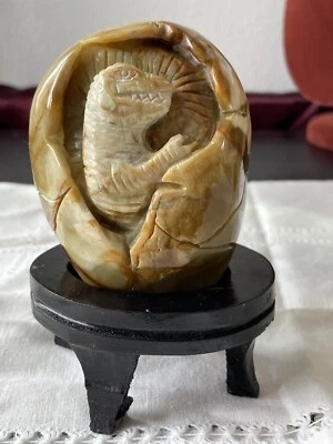 Chinese Carved Stone Fossil Baby Dragon Lizard Egg Statue Wood Stand Antique VTG - Image 1 of 4