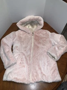 Gallery New York Faux Fur Coat Pink Plush Girls Reversible Hooded Zip Large - Picture 1 of 7