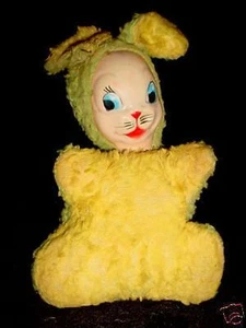 Vtg 1950s-60s-Stuffed-YELLOW BUNNY RABBIT-Plastic face - Picture 1 of 1