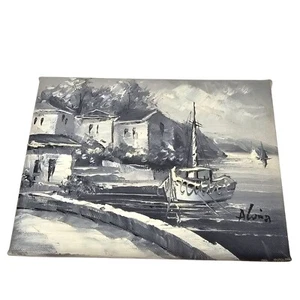 Vintage Gemälde Wasserszene Hafen Boot Landschaft Graustufen Leinwand signiert klein - Bild 1 von 10