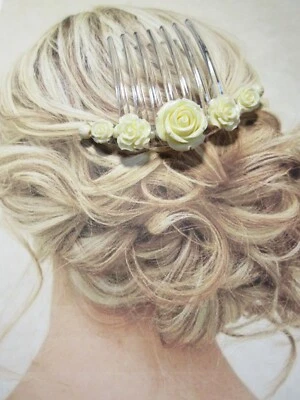 Peine de pelo grande color marfil rosas 3D semipreciosas talladas flores Foto 1 de 4