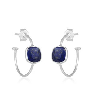 20mm Lapis Lazuli Hoop Earring 925 Sterling Silver Hoops pair For Mother Gift - Picture 1 of 3