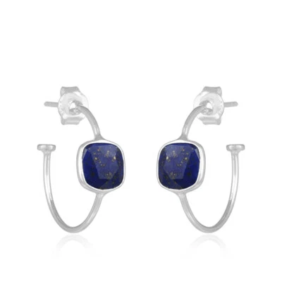 20mm Lapis Lazuli Hoop Earring 925 Sterling Silver Hoops pair For Mother Gift - Image 1 of 3