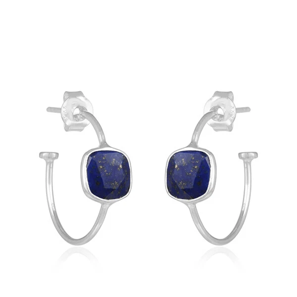 20mm Lapis Lazuli Hoop Earring 925 Sterling Silver Hoops pair For Mother Gift - Image 1 of 3