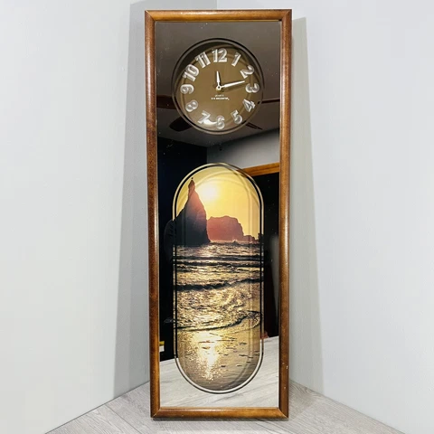 Vintage Mid Century Eye Encounter Mirrored Wood Wall Clock Scenic Beach 1980’s Cover
