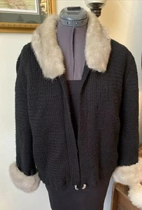 Vintage 1950s Gray Mink Trim Jacket Knit Black Sweater Coat  S RETRO - Picture 1 of 12