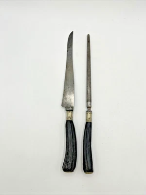 "Antiguo afilador de varillas de acero y cuchillo deshuesador mango de asta de hueso de ciervo negro de 13""" Foto 1 de 4