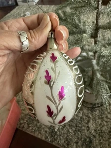 Poland Mercury Glass Christmas Ornament Gold Pink Flowers Glitter Vintage #197 - Picture 1 of 3