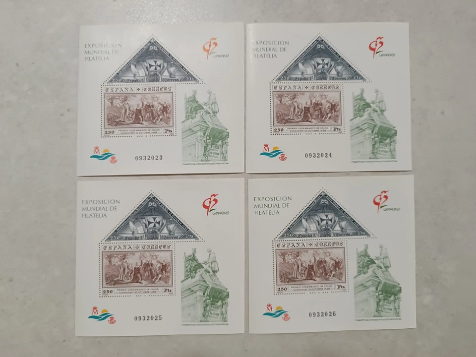 LOTE DE 4 HOJAS BLOQUE 2 SELLOS.1992. EXP. MUNDIAL DE FILATELIA.  EDIFIL 3195 - Imagen 1 de 3