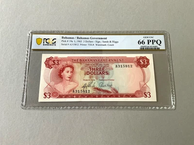Bahamas 3 dólares P-19a 1965 graduación profesional 66 PPQ Foto 1 de 4