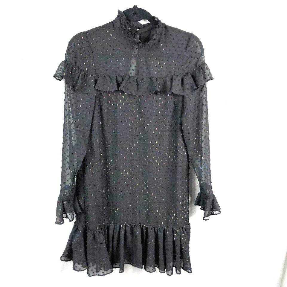 Vestido Betsey Johnson para mujer 2 negro transparente superpuesto moteado volante caprichoso Foto 1 de 4