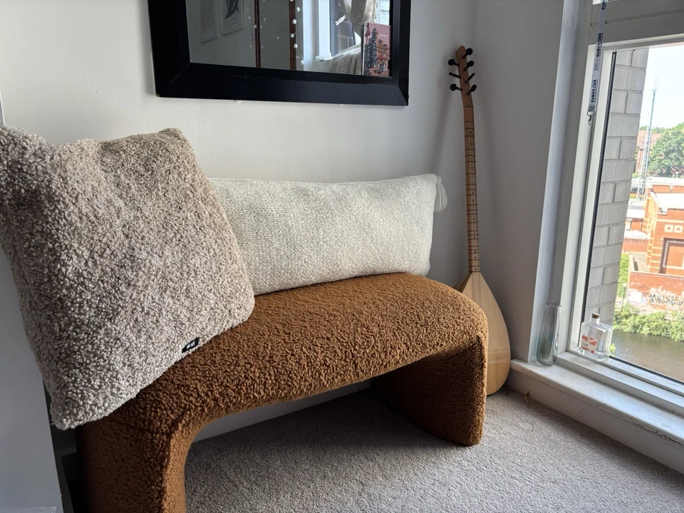 Faux Fur Ottoman And Pillows, Plush Stool Brown - Image 1 of 4