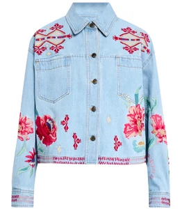 ๐$295 JOHNNY WAS PETITE XXL FITS PLUS 1X TALULLA EMBROIDERED JEAN DENIM JACKET - Picture 1 of 8