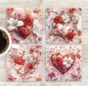 Custom Made 4” Ceramic Square Coasters Set Of 4-Valentine~Roses~Hearts~Gift - Picture 1 of 1