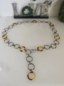 Vintage Lucite Faux Tortoise Shell Silver Tone Metal Chain Hip Belt Necklace 38" - Picture 1 of 24