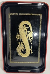 Vintage Otagiri Japan Lacquerware Hand Crafted Serving Tray Dragon Black & Gold - Picture 1 of 14