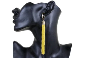 Women Earrings Set Fashion Jewelry Yellow Color Metal Chain Links Tassel Fringes - Picture 1 of 11