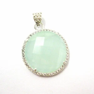 Sterling Silver Round Bezel Aqua Chalcedony Gemstone Pave Cubic Zirconia Pendant - Picture 1 of 4