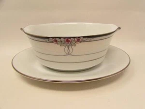 Seance by Noritake Gravy Boat Attached Plate  Pink Flowers, Gray, Black    b414 - Picture 1 of 2