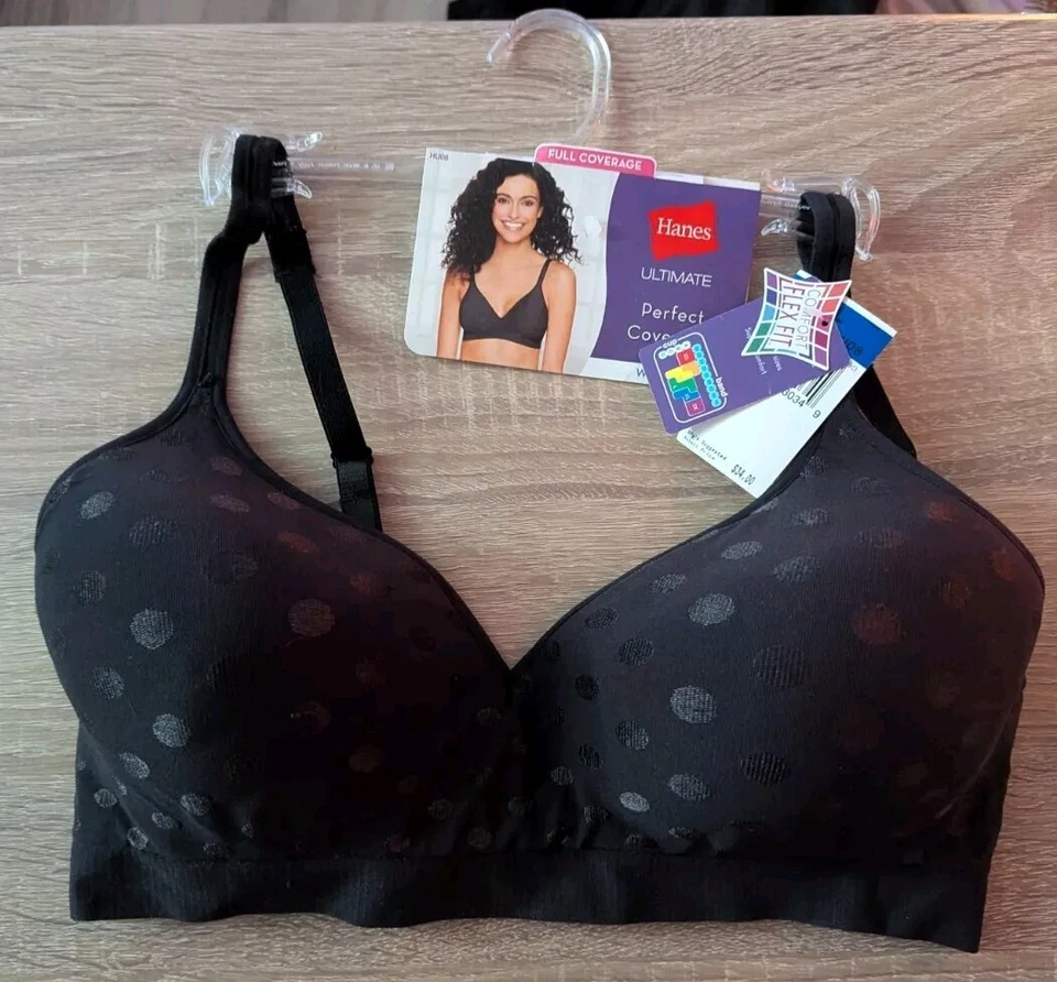 *New* Hanes Ultimate Perfect Coverage Wirefree Black Dot Bra Size XL Style HU08 - Image 1 of 4