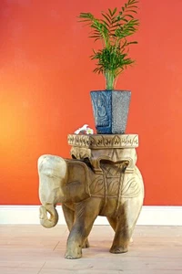 Side Table Elephant Natural Acacia Solid Wood Flower Stool Table Carving - Picture 1 of 6
