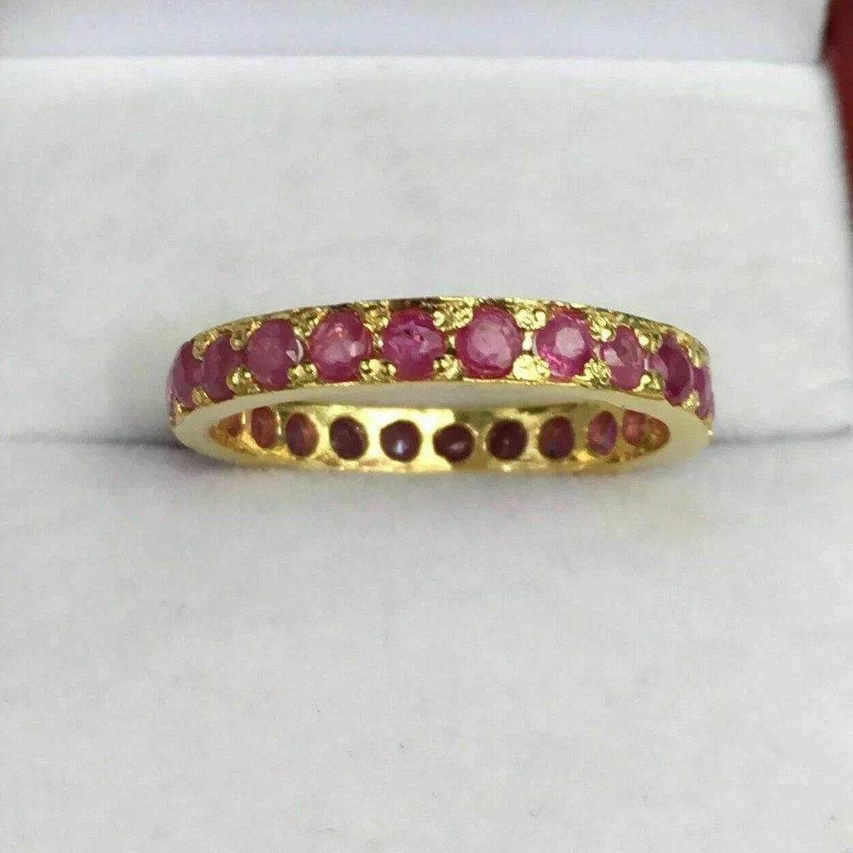 Genuine Red Ruby 2Ct Round Cut Full Eternity Wedding Band 14K Yellow Gold Plated - Image 1 of 4