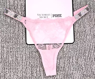 Victoria's Secret Very Sexy NWT Large Pink Lace Shine Strap Thong Panty Logo - Image 1 of 4