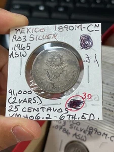 1890 Cn M Mexico 25 Centavos Silver Coin Low Mintage High Value - Picture 1 of 5