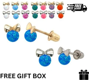 14k Yellow Gold Bow Tie Opal Stud Earrings/ Screw Back - Picture 1 of 1