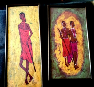 2x farbenfrohe Gemälde afrikanische Kunst 1970 Massai auf Stoff - Bild 1 von 6