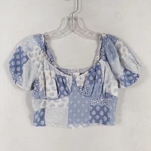 Top corto Hollister talla pequeña azul blanco estampado de retazos manga abullonada lechera boho - Imagen 1 de 8