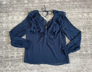 Hutch Anthropology Womens M Blouse Navy Blue Long Sleeve V-Neck Ruffle NWT L9 - Picture 1 of 12