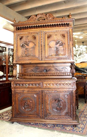 French Antique Dark Oak Brittany Sideboard Buffet / Hutch Cover