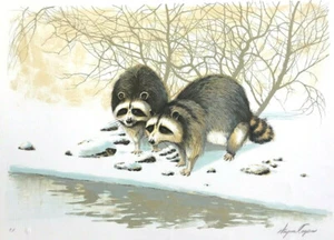Wayne Cooper RINGTAILED BANDITS Signed Lithograph, Two Raccoons Winter Snow - Picture 1 of 3