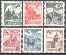 Poland 1954 - Airplane over Historic Buildings  Mi 855-60 - MNH(**)