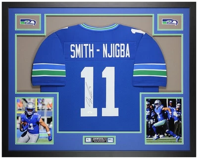 Jaxon Smith-Njigba 亲笔签名带框蓝色西雅图球衣 JSA 认证 — 第 1/4 张图片