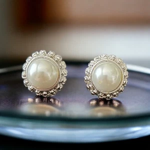 Silver Tone & Pearl 1" Stud Earrings - Picture 1 of 3
