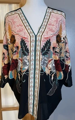 Rose & Olive Sheer Floral Blouse Sz L Black Peach V Neck Boho Beach Cottagecore - Image 1 of 4