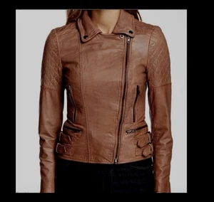 NWT MUUBAA ROKEL LEATHER BIKER JACKET TAUPE BEIGE US 8 (M) UK 12 - Picture 1 of 9