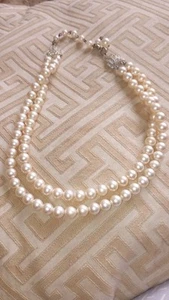 Vintg Glass Faux Pearl Art Deco Necklace Dbl Strand Rhinestone Sides 14" Pics - Picture 1 of 3