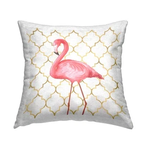 18x18 Pink Flamingo Print Outdoor Pillow, Chic Gold Animal Deco Pattern - Picture 1 of 7