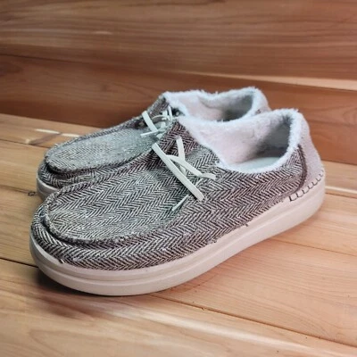 Zapatos Hey Dude para mujer 10 Wendy tiro marrón lona mocasín forrado en espiga Foto 1 de 4