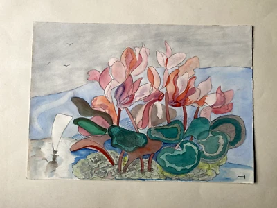 Acuarela Monograma Alpino Violeta Antiguo Expresionista Dibujo Paisaje Estudio Foto 1 de 3