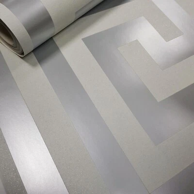 Debona Athena Pearl White Metallic Silver Glitter Crystal Greek Key Wallpaper - image 1 of 4