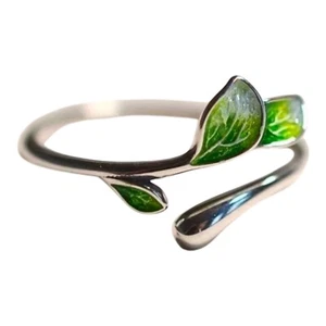 Dainty Nature Green Leaf Tree Women’s Boutique Adjustable Silver Plated Ring ✈️ - Picture 1 of 8