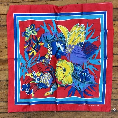 Bandana Vintage FLORES BOSQUE TROPICAL 21x21 Mezcla Algodón RN 13960 Hecha en EE. UU.  Foto 1 de 4